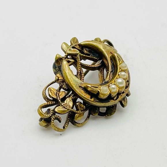 Antique Victorian Edwardian Gold Crescent Moon With Seed Pearls Brooch - Picture 5 of 15